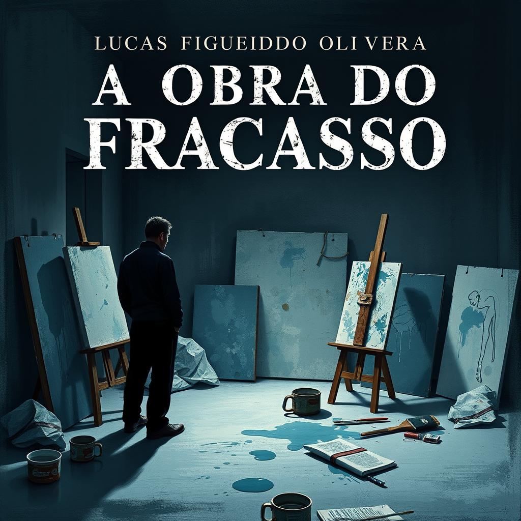 A poignant and dramatic book cover design for 'A OBRA DO FRACASSO' by Lucas Figueiredo Oliveira, which illustrates the life of an artist who succumbed to failure