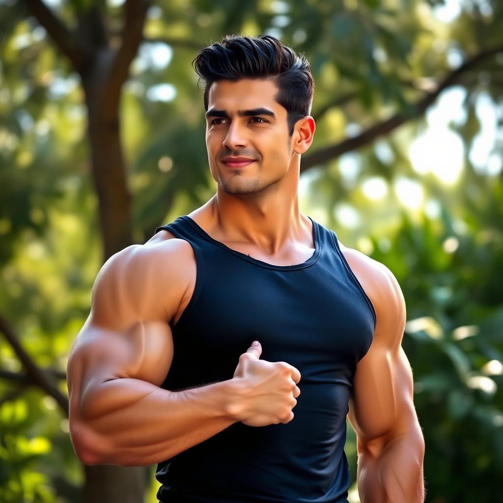 A muscular man with dark brunette hair, showcasing a well-defined physique and strong arms, standing confidently with a slight smile