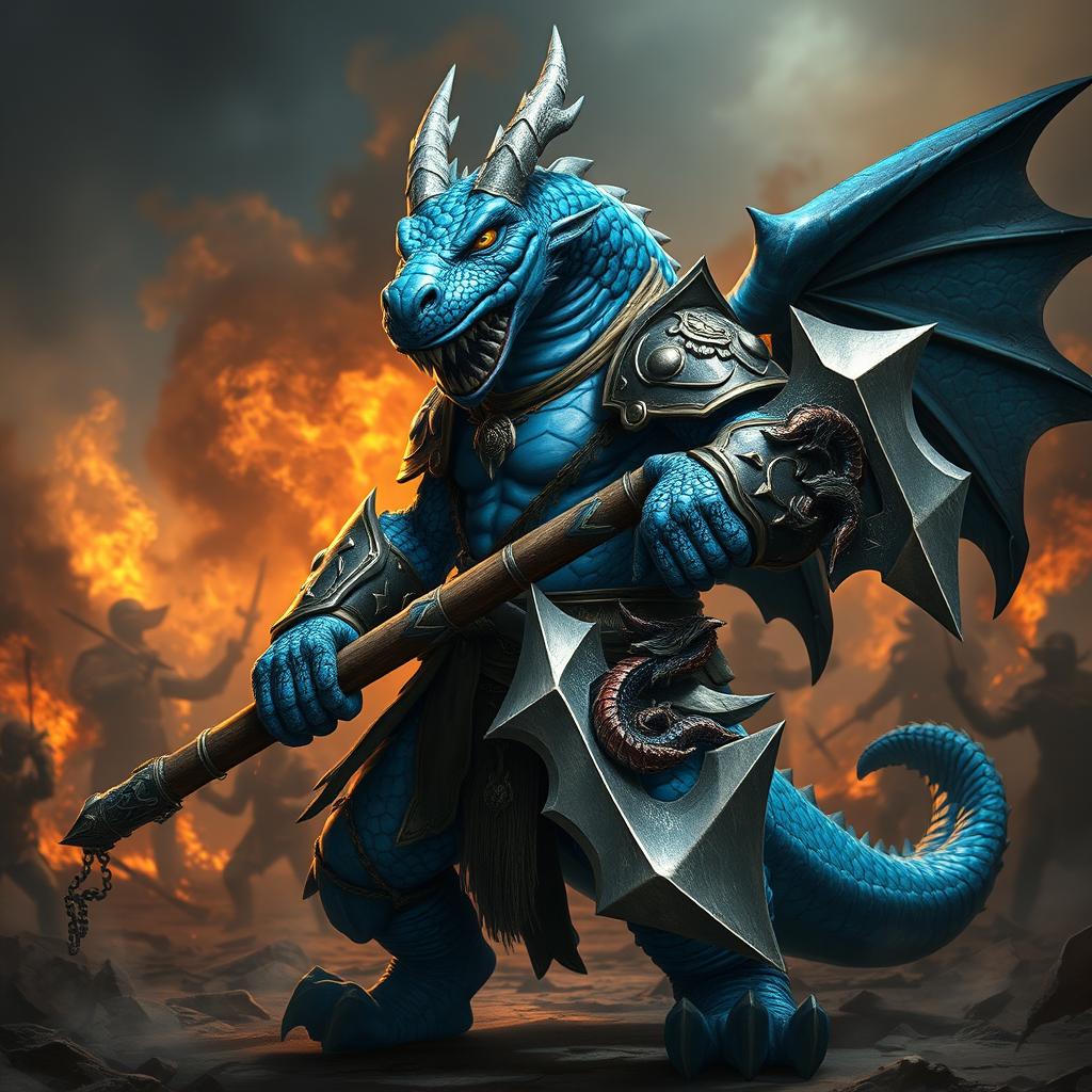 A powerful blue dragonborn fighter holding a massive battle axe, standing in a fierce battle stance