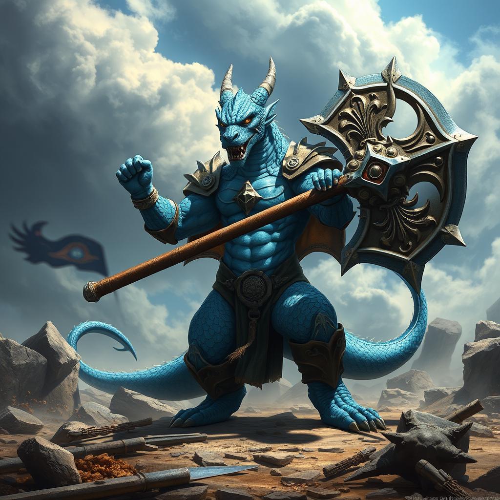 A striking blue dragonborn fighter wielding a massive battle axe, standing triumphantly on a rocky battlefield