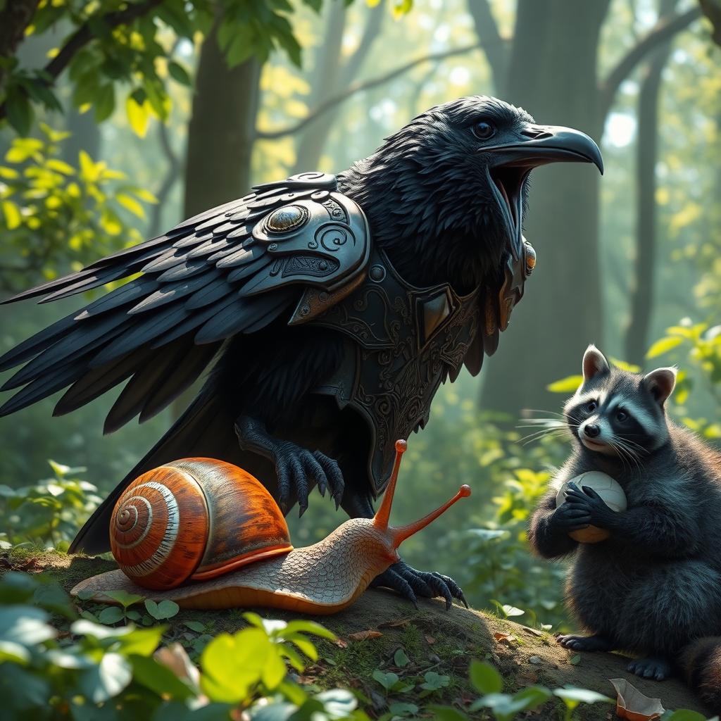 A black raven in armor hunting a snail, accompanied by a raccoon