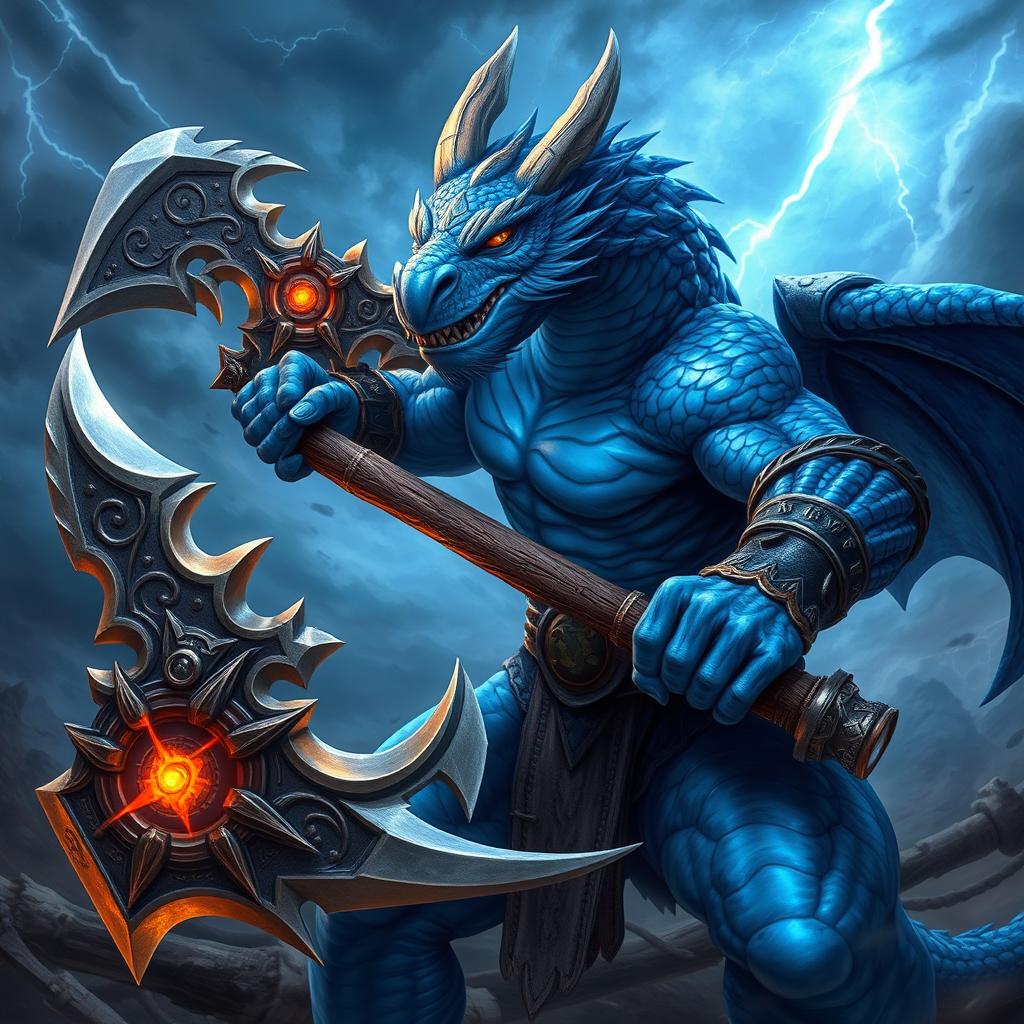 A powerful blue dragonborn fighter, showcasing scales glistening in shades of azure and sapphire, fiercely wielding a large, ornate battle axe