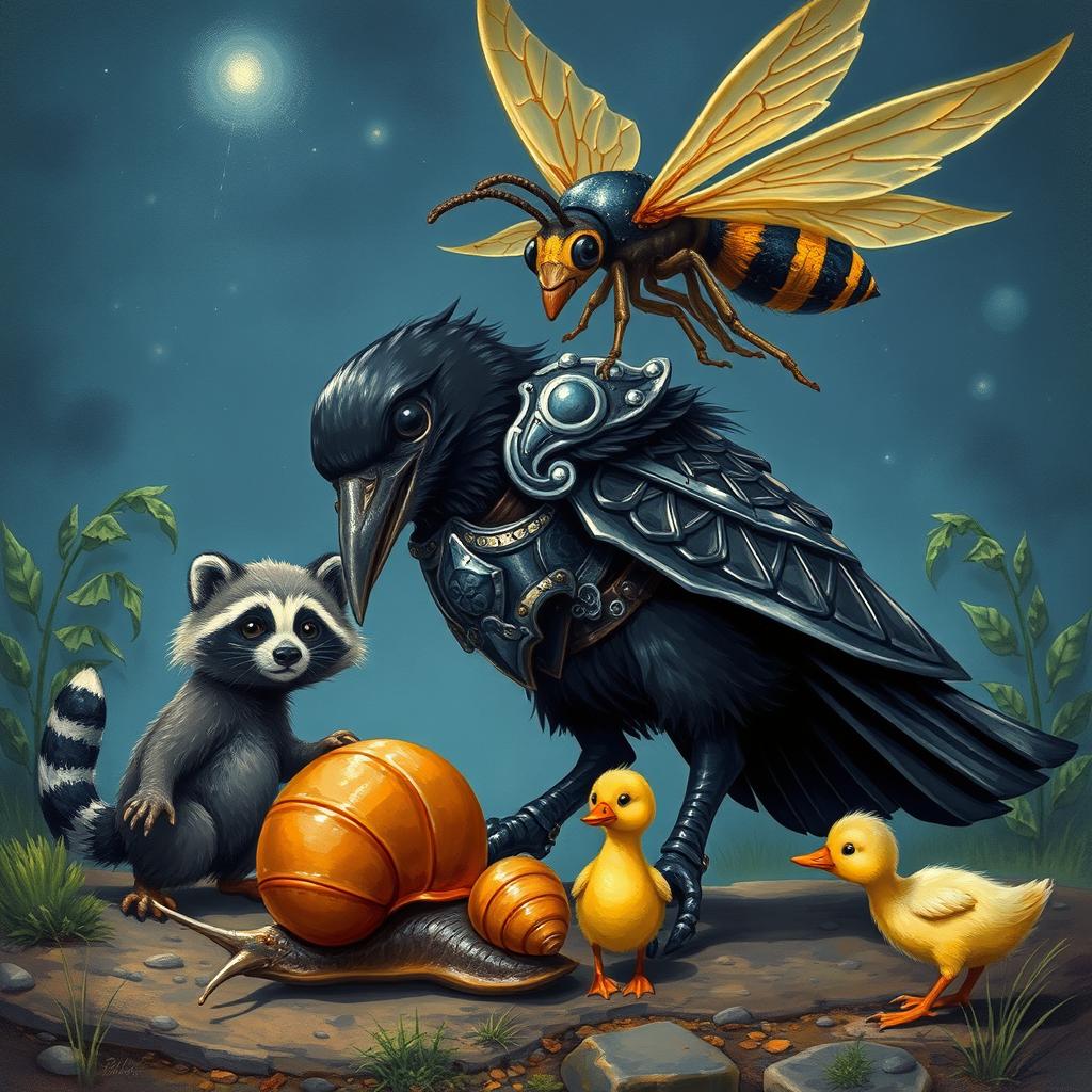 A black crow in armor hunting a snail, accompanied by a raccoon and a duckling, with a giant wasp hovering above them