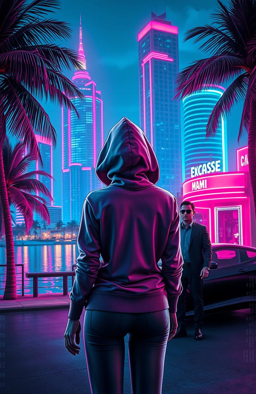 A captivating book cover that captures the essence of a neon-noir thriller set in Miami