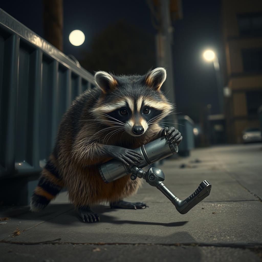 A raccoon stealthily stealing a prosthetic leg from a darkly lit urban environment at night