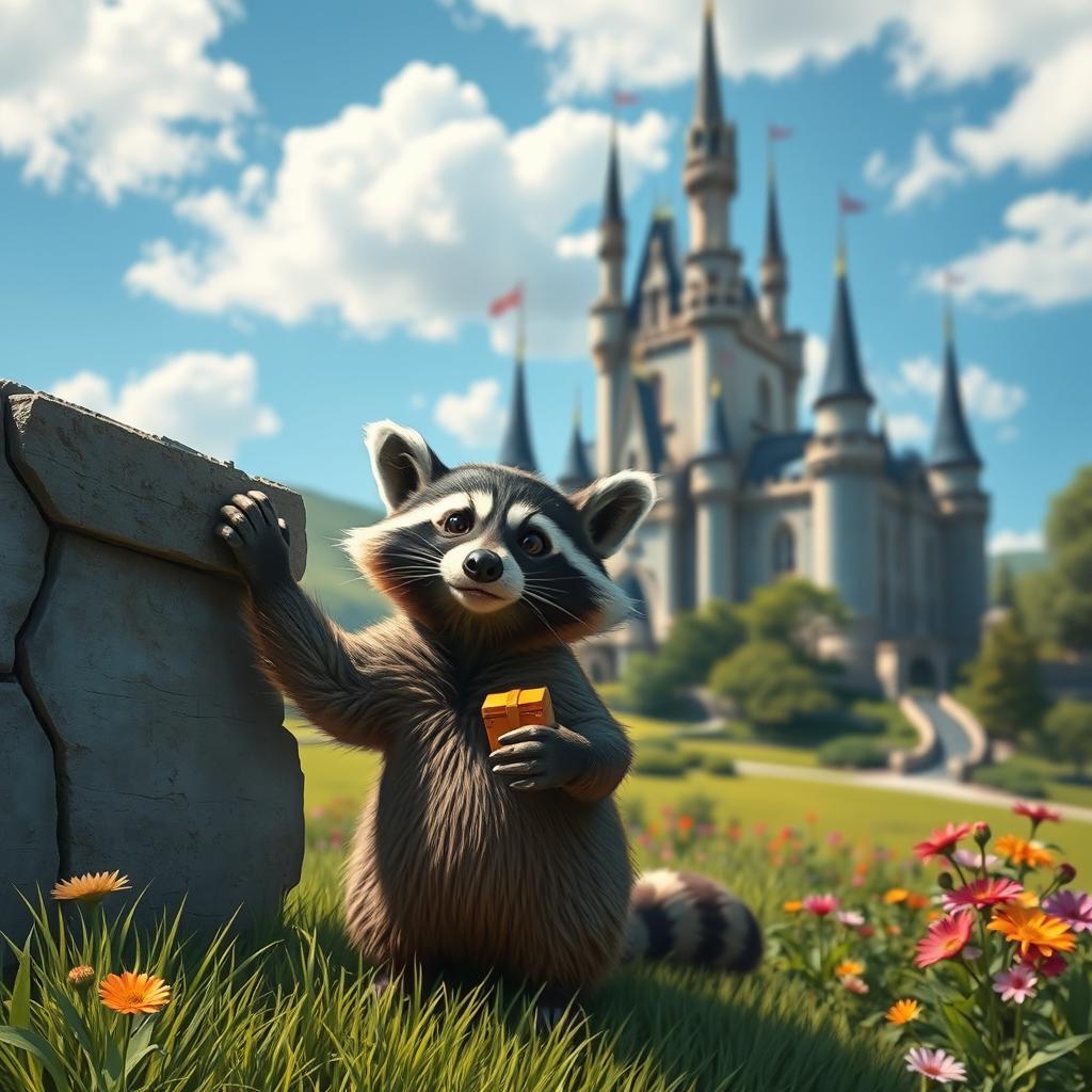 A proud raccoon stealing a small treasure from a wall, with a majestic castle in the background