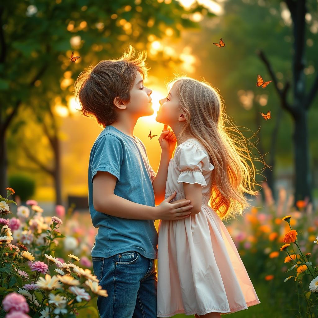 A romantic scene of a boy gently kissing a girl on the cheek in a soft, dreamy park setting