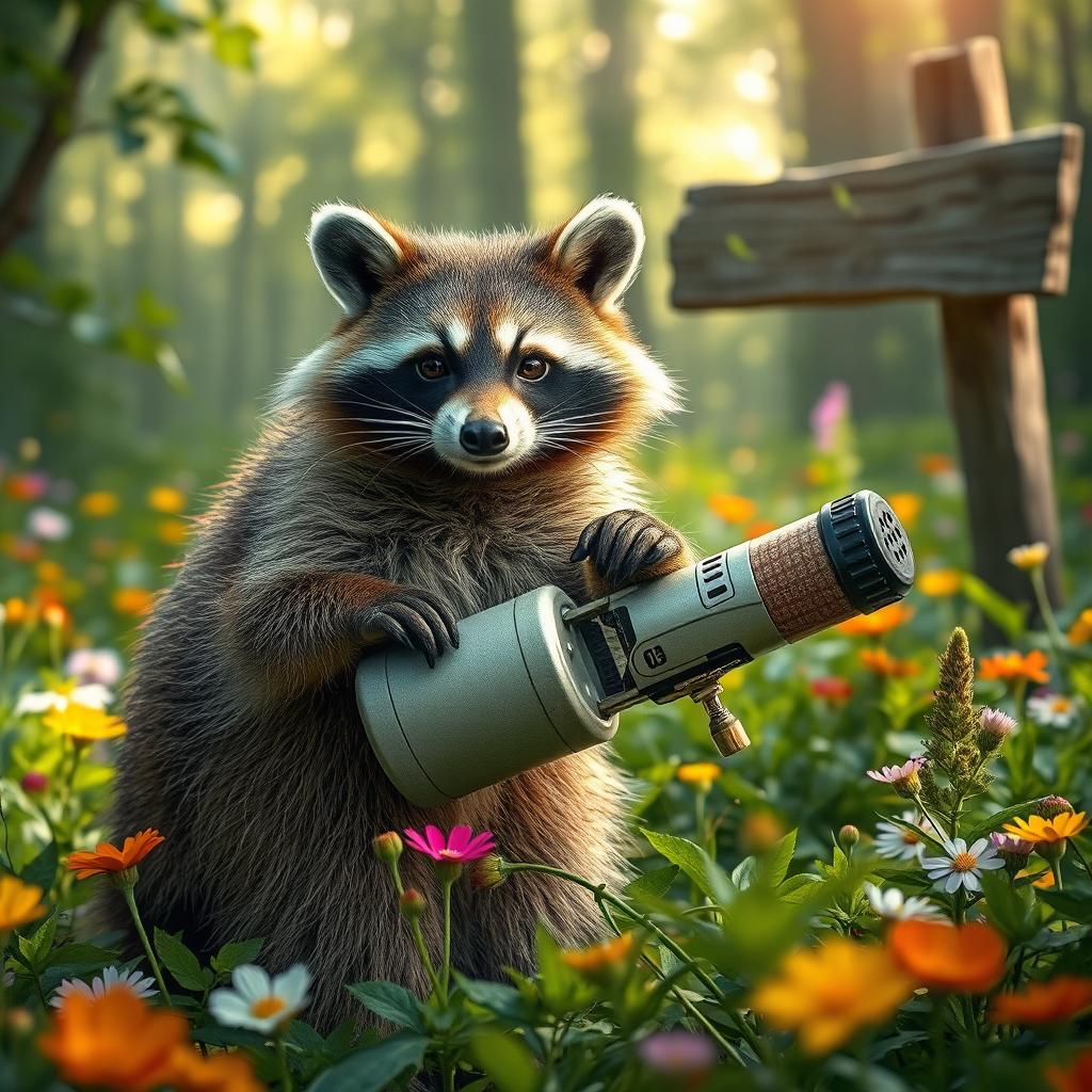 A proud raccoon stealthily stealing a prosthetic leg in a vibrant forest