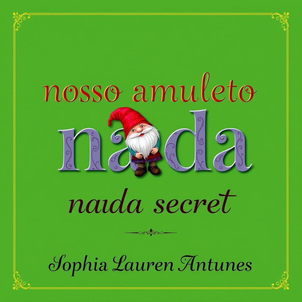 A vibrant green background with the phrase "nosso amuleto nada secreto" written in an enchanting font