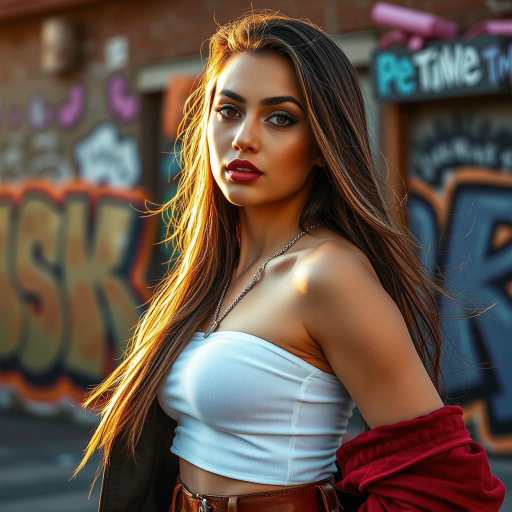 A close-up shot of a young woman in a fashionable outfit, showcasing her confident pose and stylish clothing