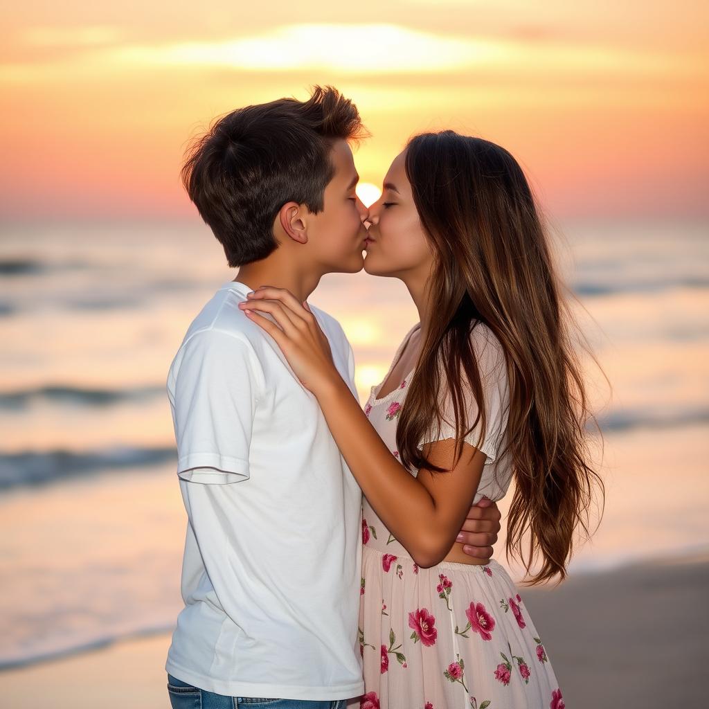 A tender moment between a girl and a boy sharing a romantic kiss