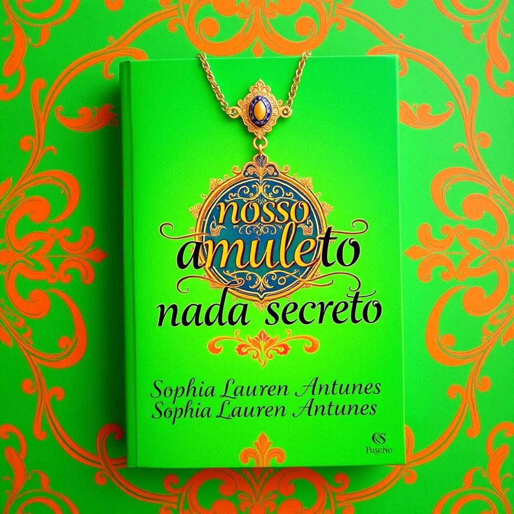 A vibrant green background featuring intricate orange details