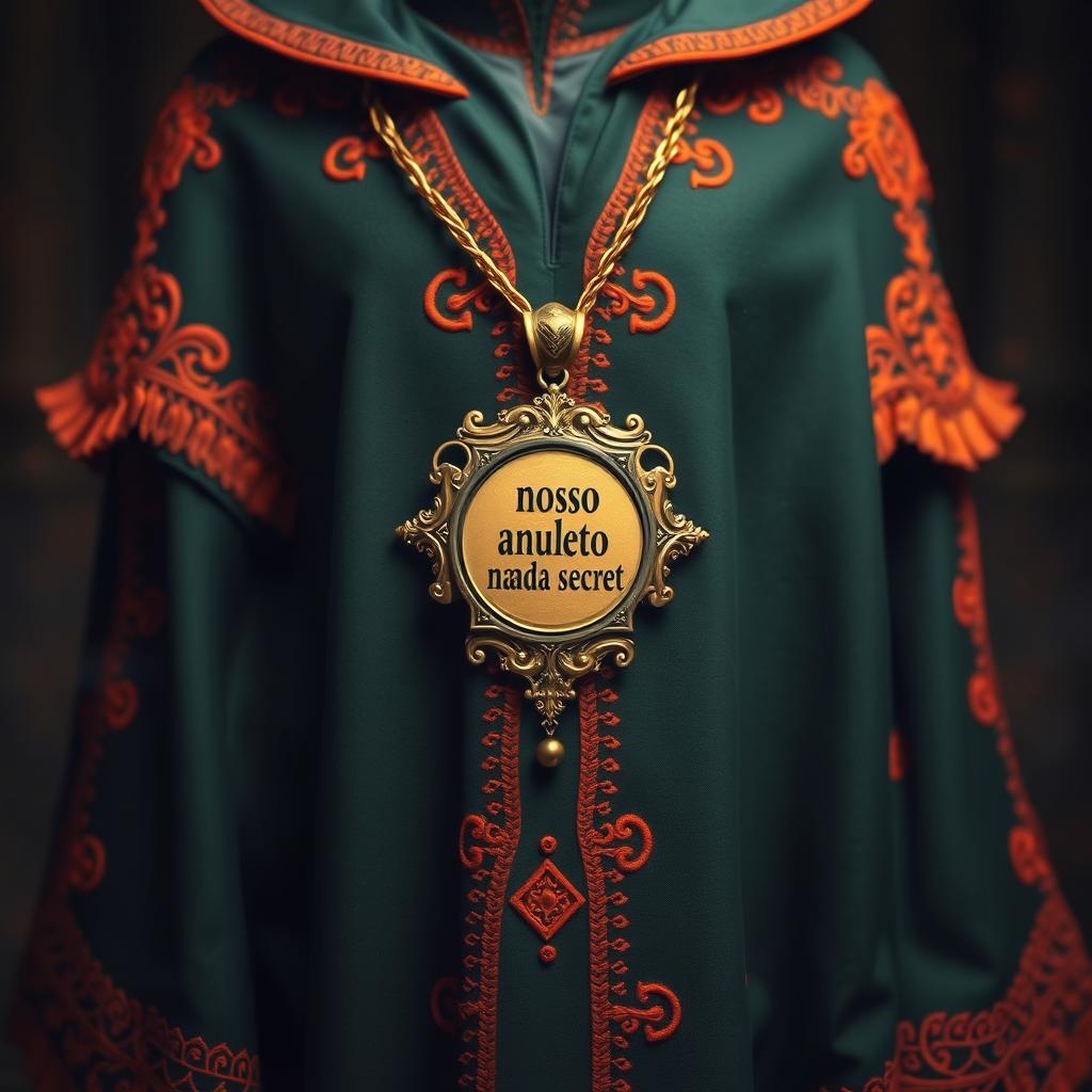 A dark green cape adorned with intricate orange details, featuring a prominent amulet elegantly embellished with golden accents