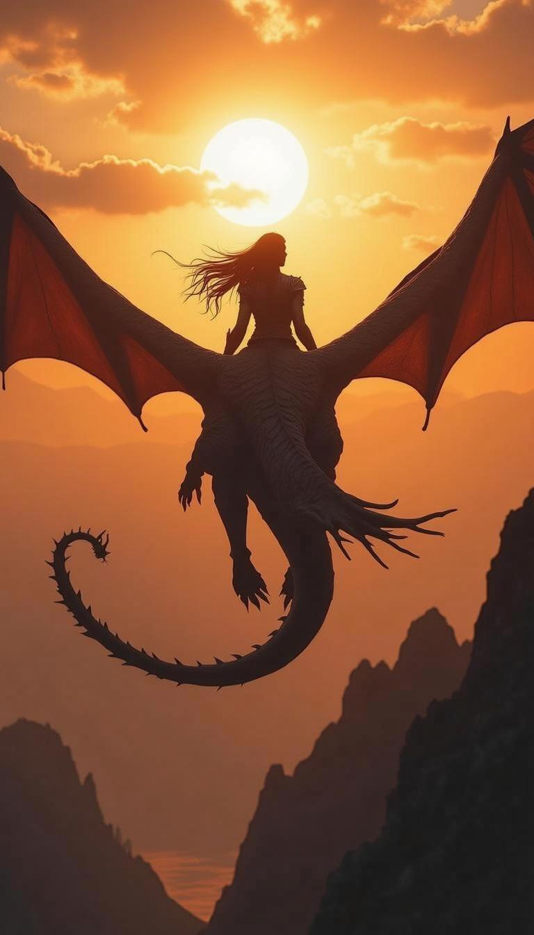 A serene fantasy scene featuring a dragon with a smooth and non-sharp tail, soaring through a vibrant sunset sky