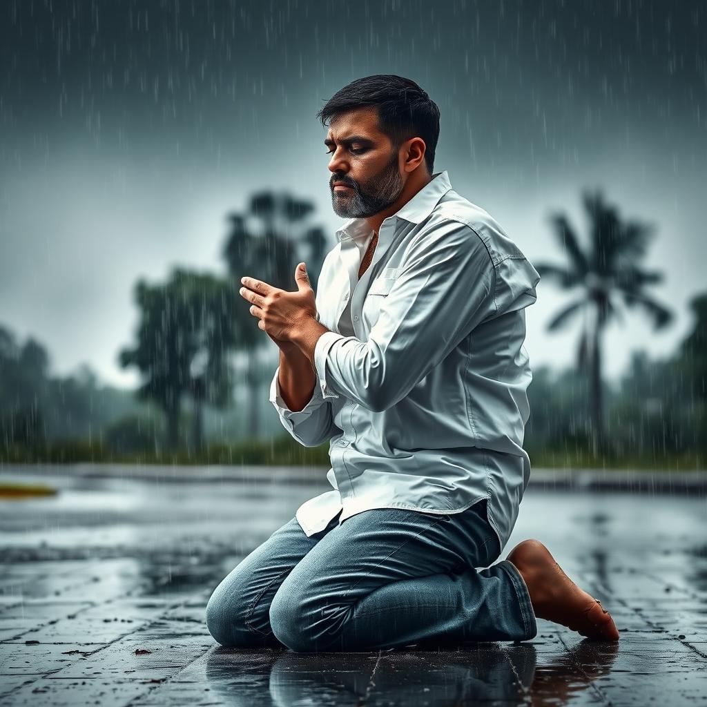 A man kneeling on a wet ground, deeply engrossed in prayer during a heavy downpour