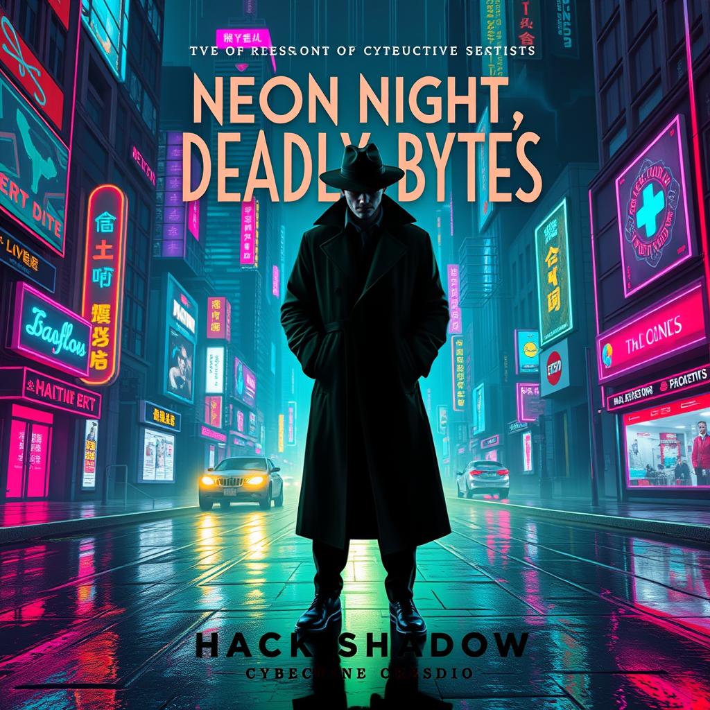 A book cover design for 'Neon Nights, Deadly Bytes' by Hack Shadow, featuring a stylized cyberpunk detective noir theme