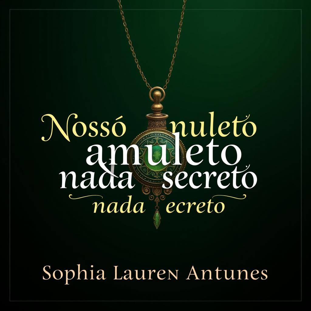 A dark green background featuring the text 'Nosso amuleto nada secreto' elegantly styled in a beautiful font
