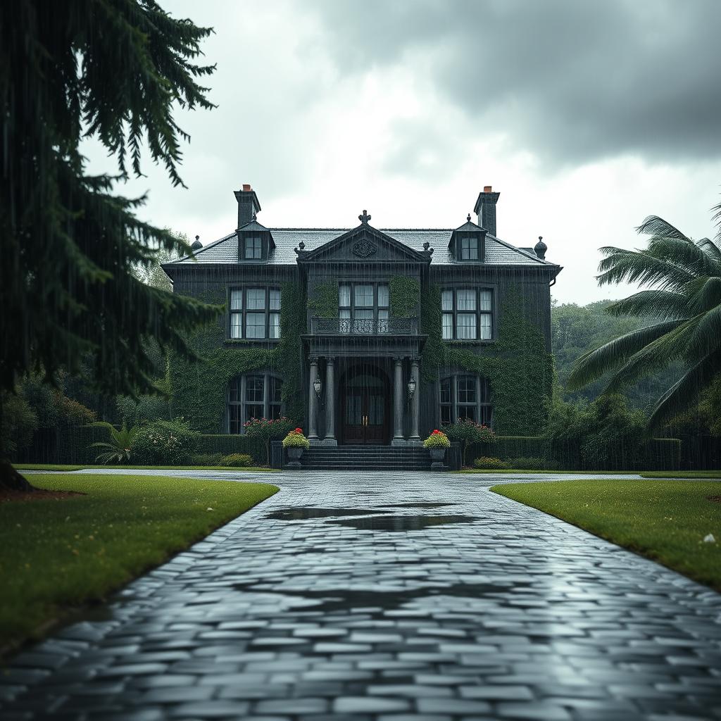 A magnificent mansion standing majestically amidst a heavy downpour, with raindrops cascading down its grand windows and glistening on the dark stone façade