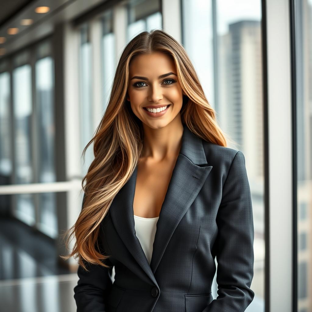 A stunning woman in a professional business setting, wearing an elegant tailored suit, confidently smiling at the camera