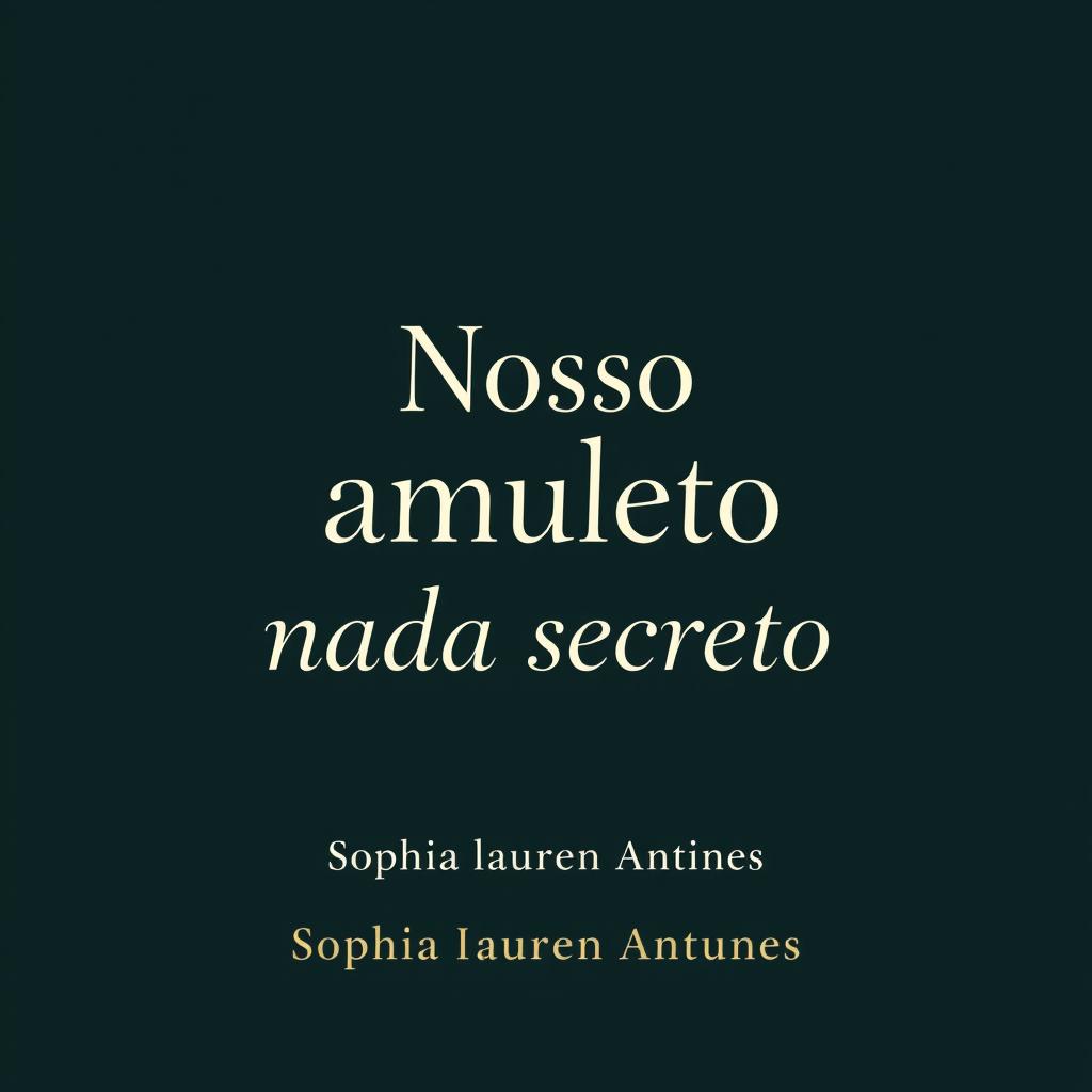 A dark green background with the text "Nosso amuleto nada secreto" prominently displayed in an elegant and artistic font