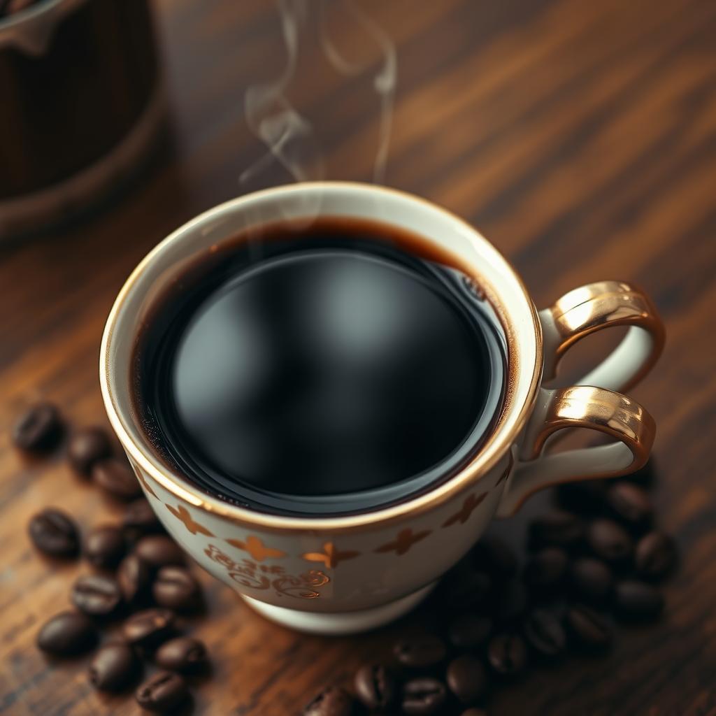 A close-up view of a tea cup filled with black coffee, the cup elegantly resting on a wooden table