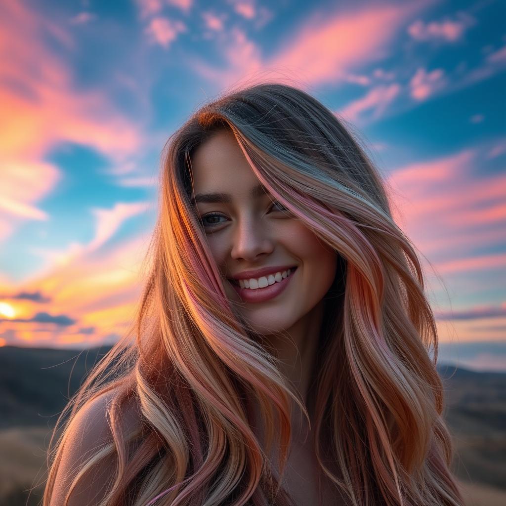 A person with long, flowing hair that mirrors the colors and patterns of a stunning, vibrant sky
