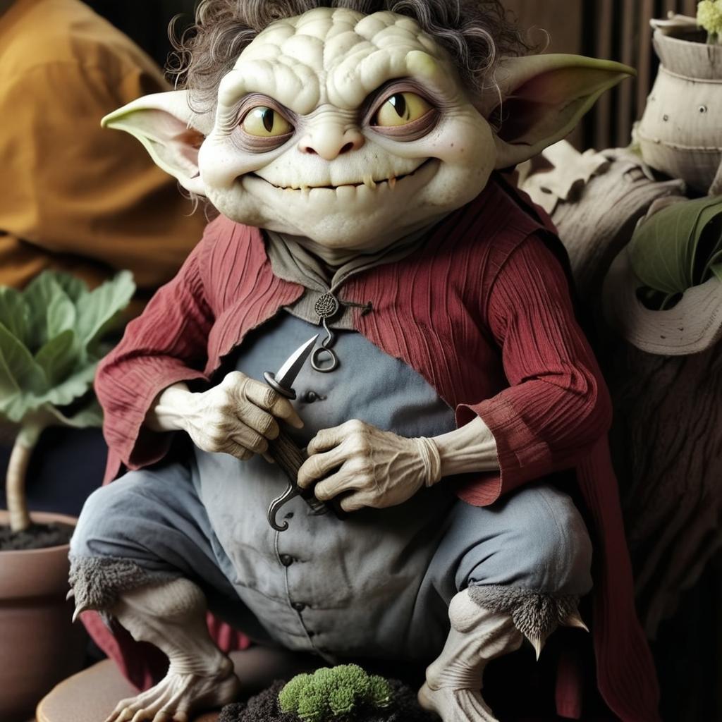 "a cauliflower Goblin , a sword on his back and a bonsai on his hand"