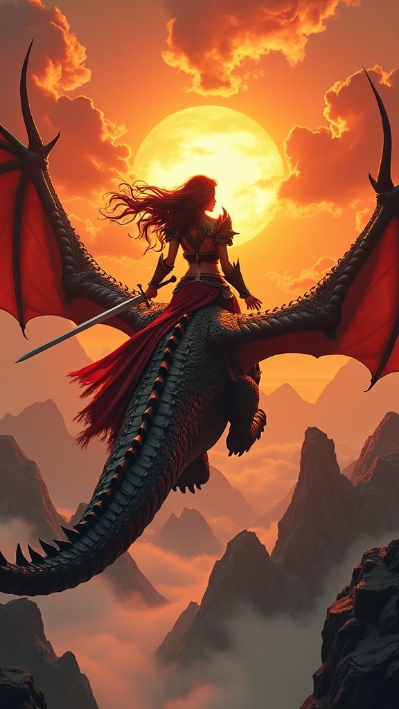 An epic fantasy scene depicting a warrior woman flying on a dragon, seen from behind