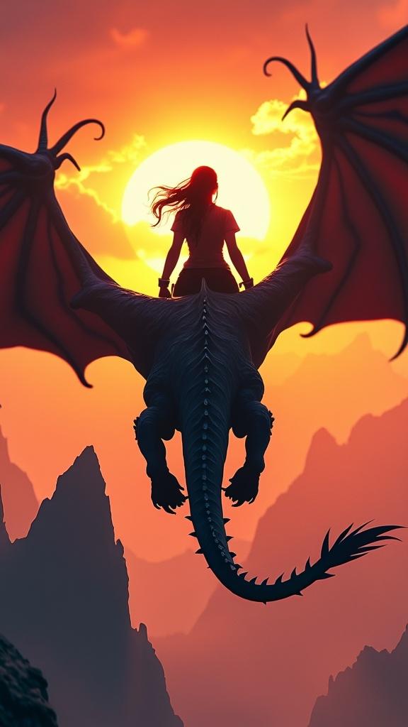 A fantasy scene depicting a warrior woman flying on a dragon, viewed from behind