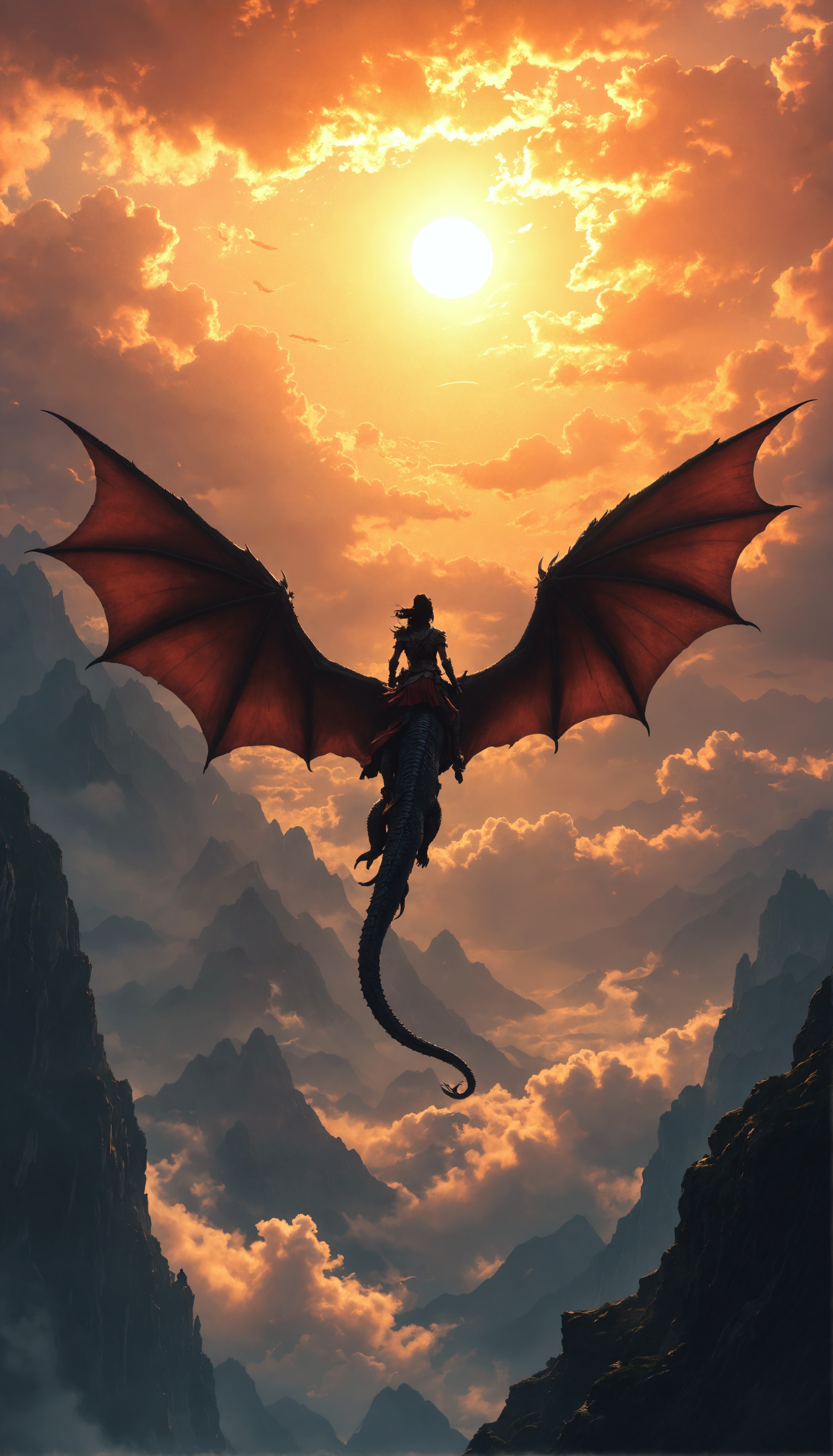 Epic Fantasy: Warrior Woman Rides Majestic Dragon in Breathtaking Skies