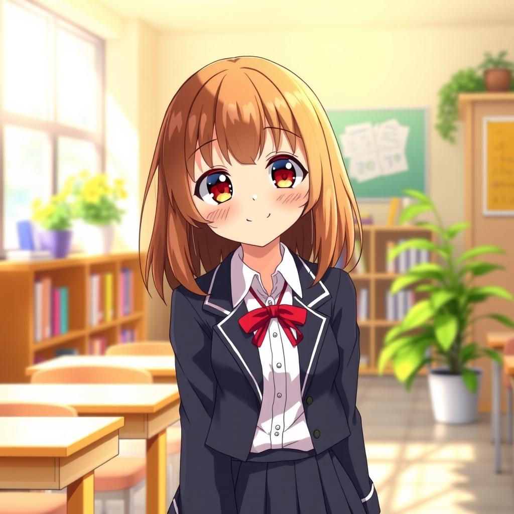 A cute girl with shoulder-length brown hair, wearing a classic school uniform in an anime style