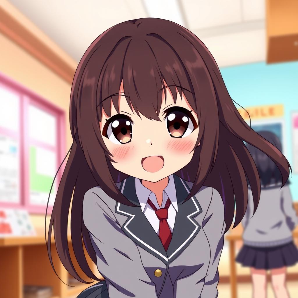 A girl with dark brown hair that reaches her shoulders, wearing a traditional school uniform