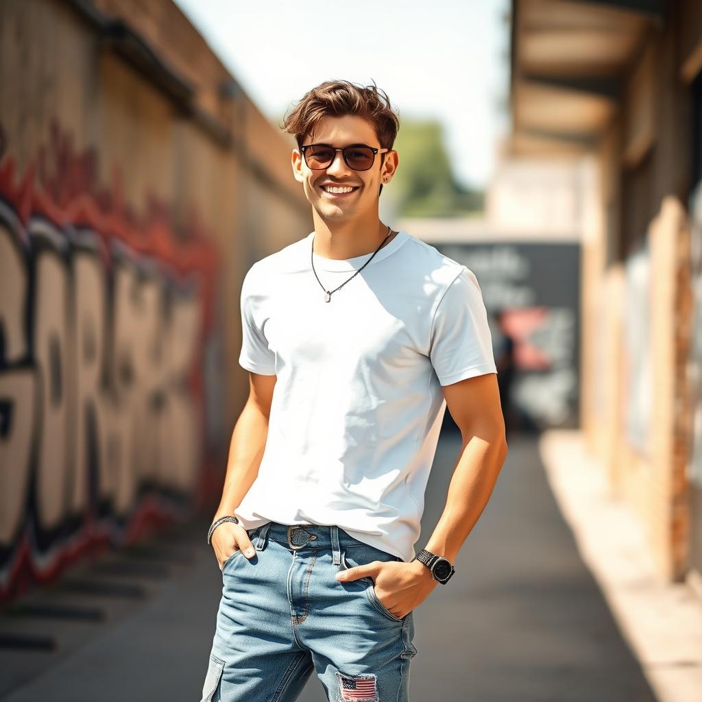 A stylish and charismatic young man standing confidently, wearing a white t-shirt and casual jeans