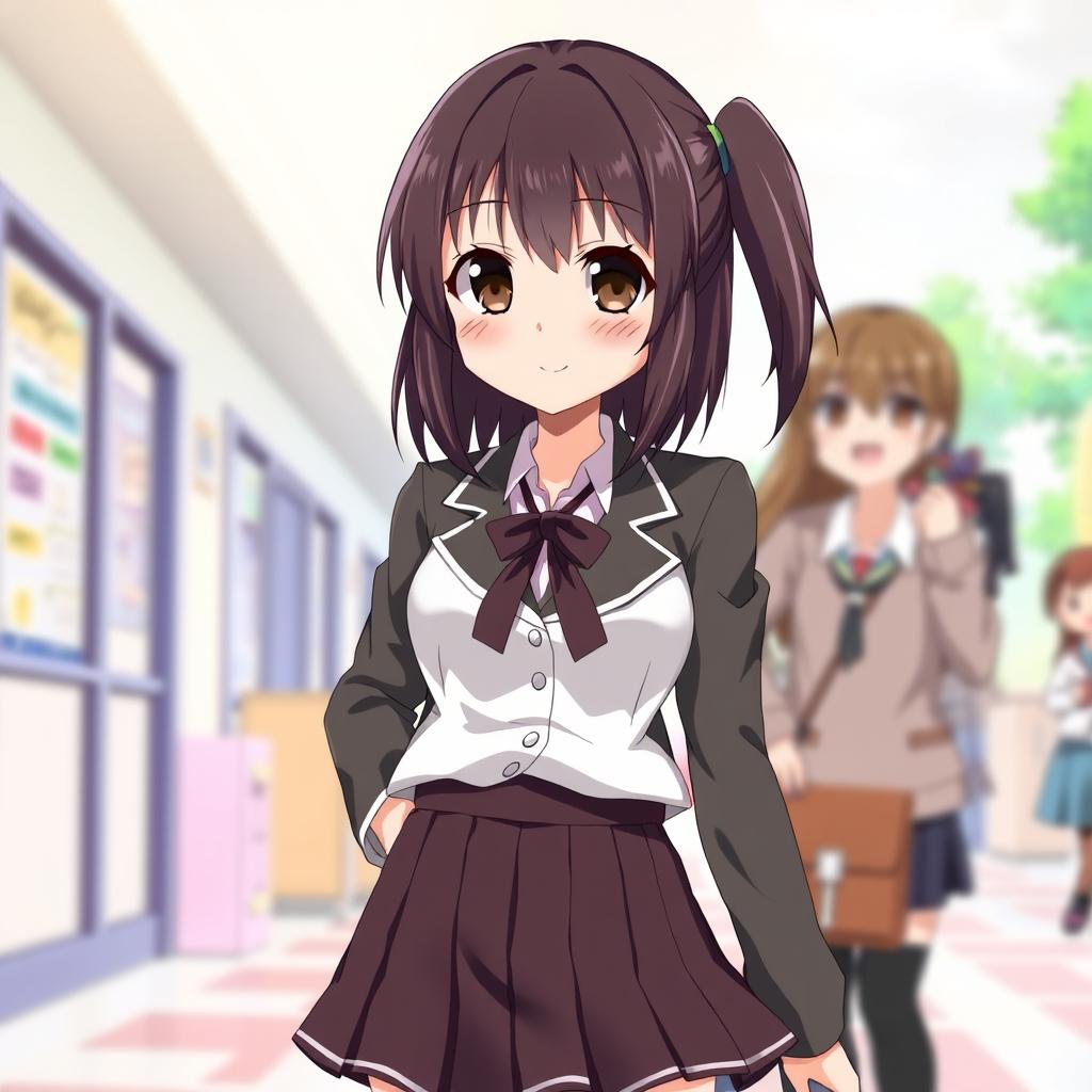 A female character with dark brown hair that reaches her shoulders, depicted in an anime style