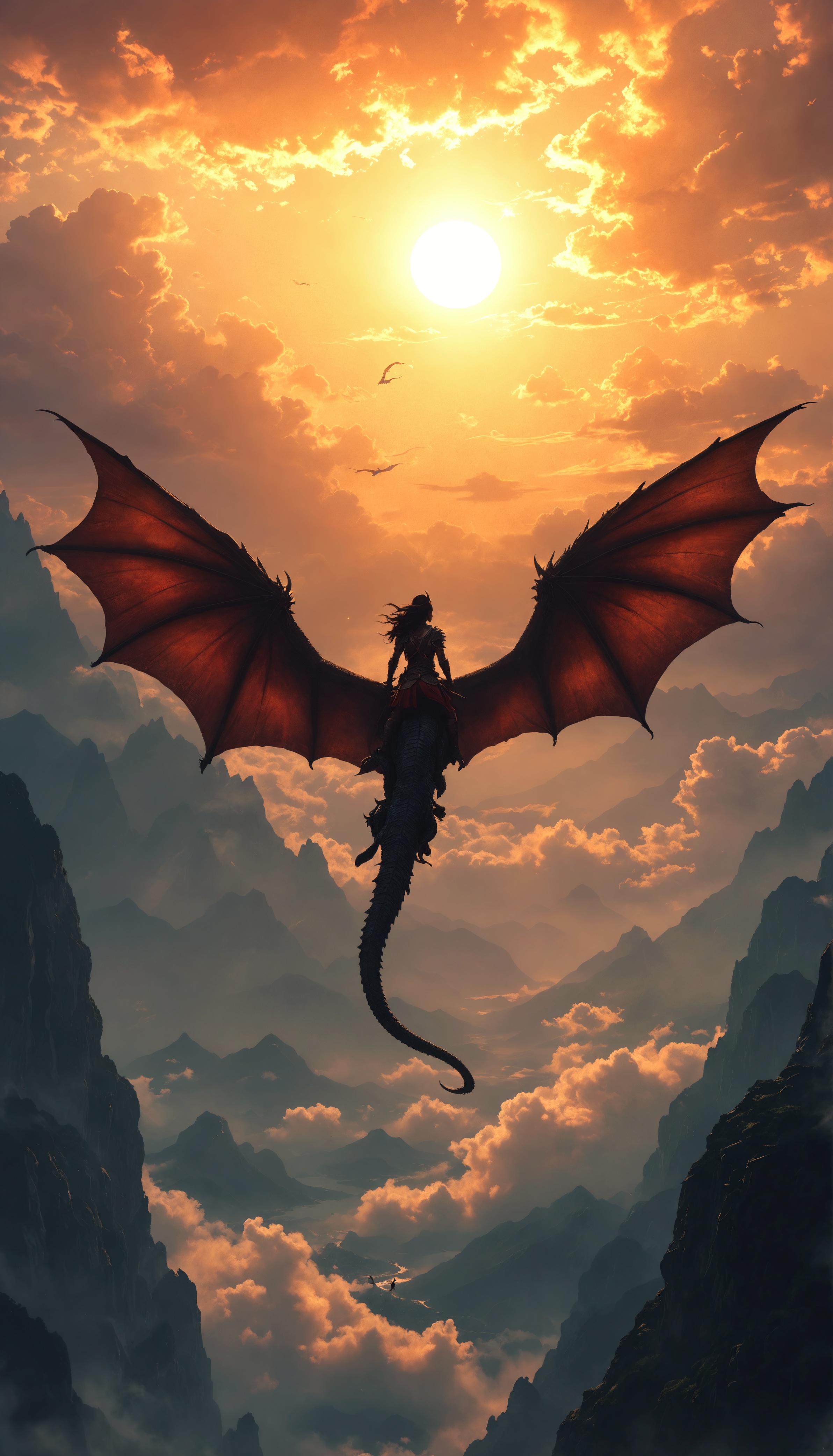 Epic Fantasy: Warrior Woman Rides Majestic Dragon in Breathtaking Skies