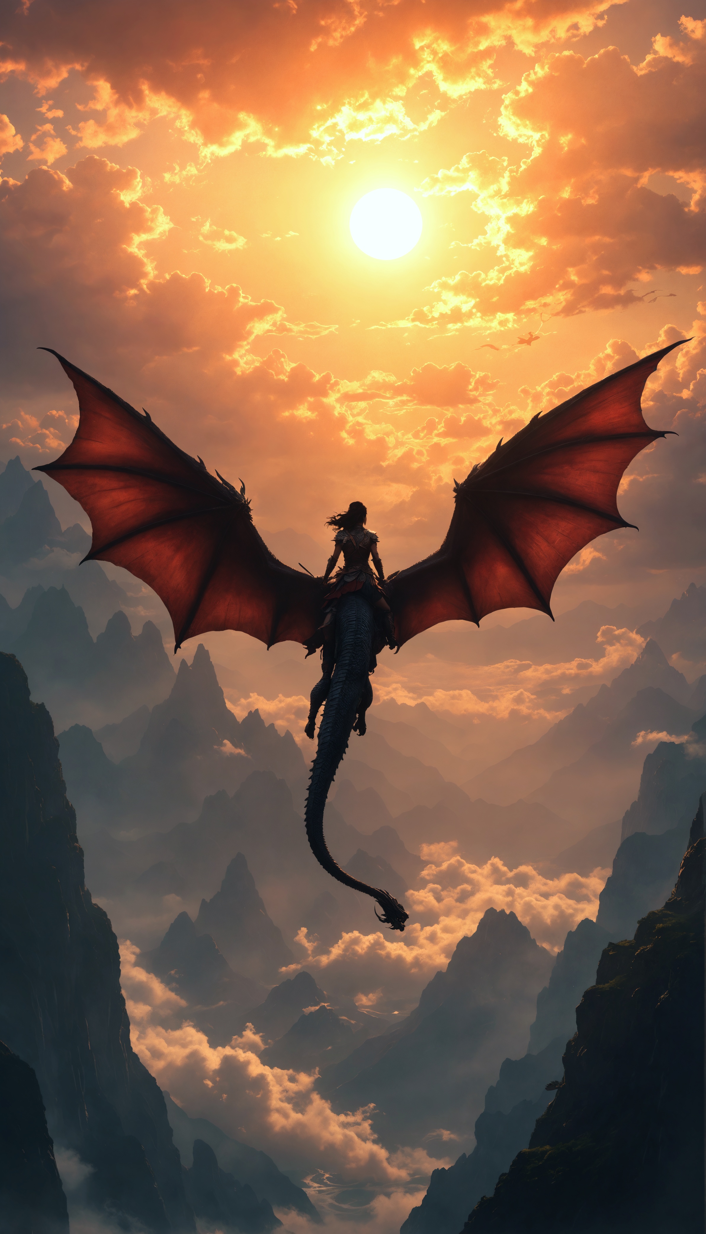 Epic Fantasy: Warrior Woman Rides Majestic Dragon in Breathtaking Skies