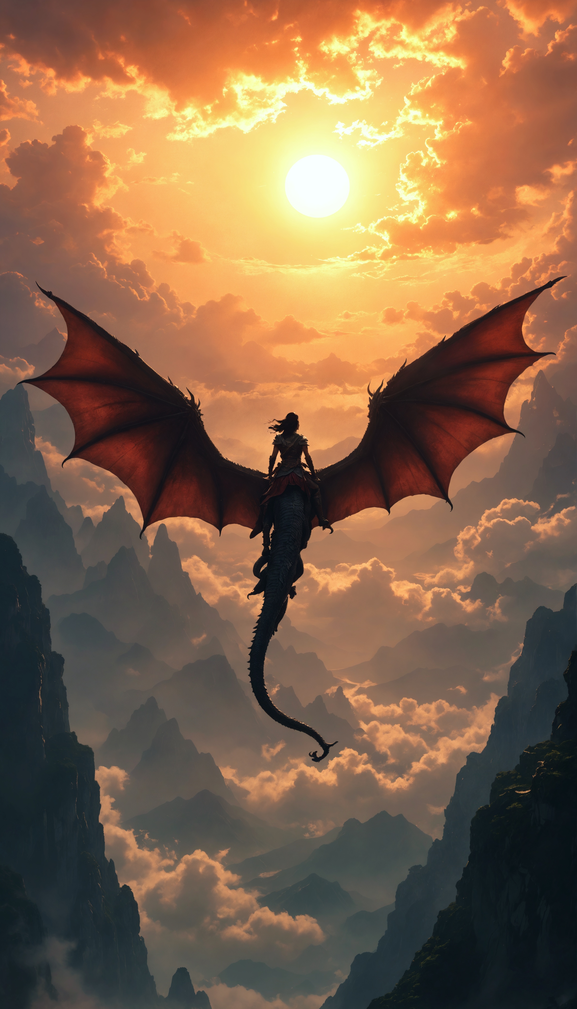 Epic Fantasy: Warrior Woman Rides Majestic Dragon in Breathtaking Skies