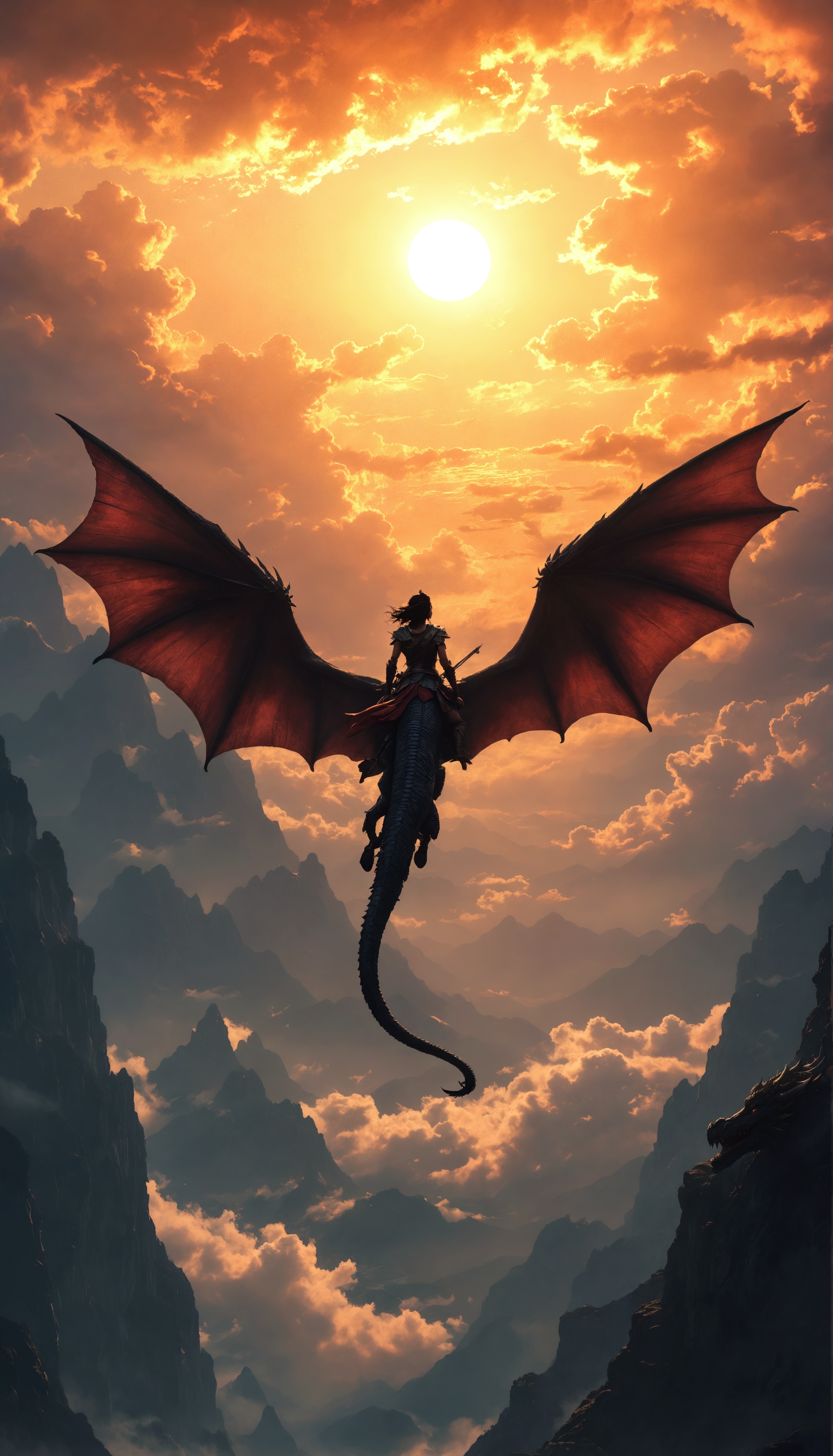 Epic Fantasy: Warrior Woman Rides Majestic Dragon in Breathtaking Skies