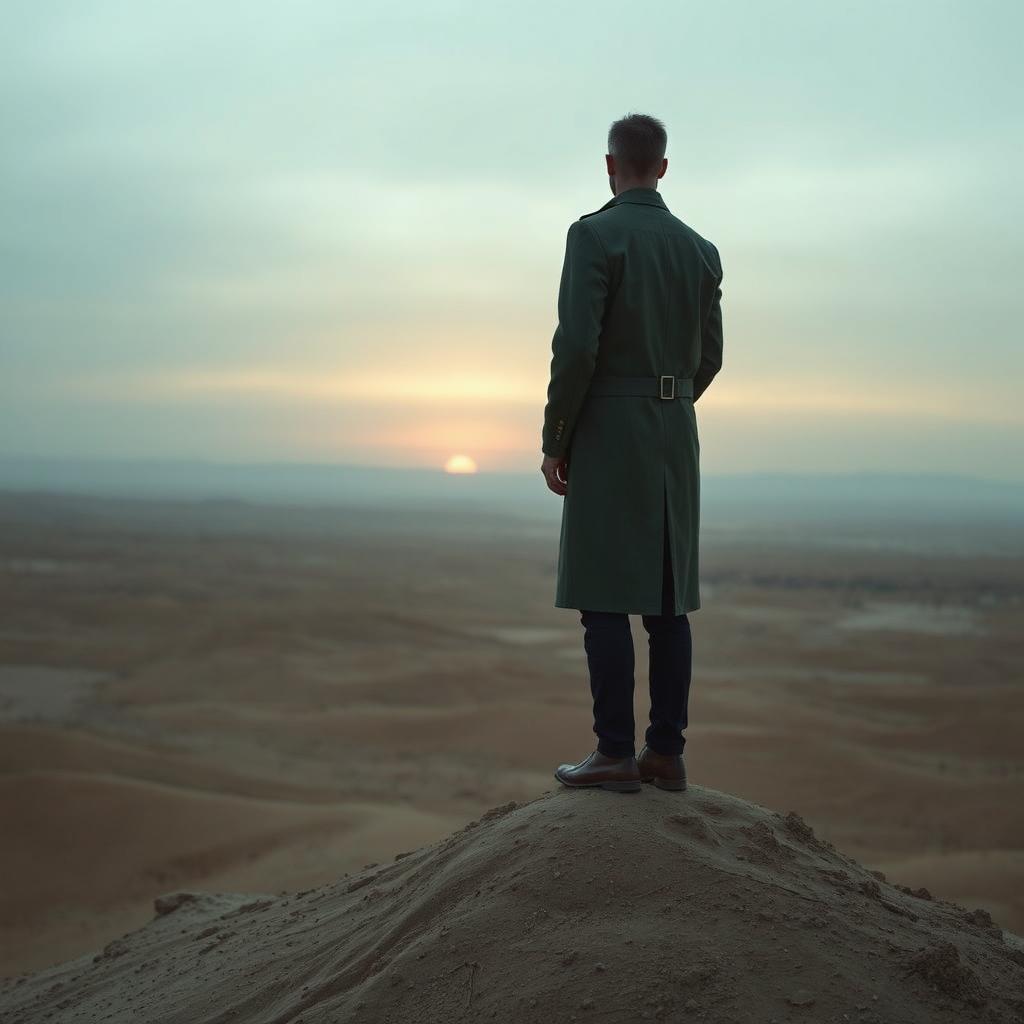 A tall man, standing from the back, approximately 185 cm tall and weighing 85 kg, is positioned on a high point in a vast desert landscape