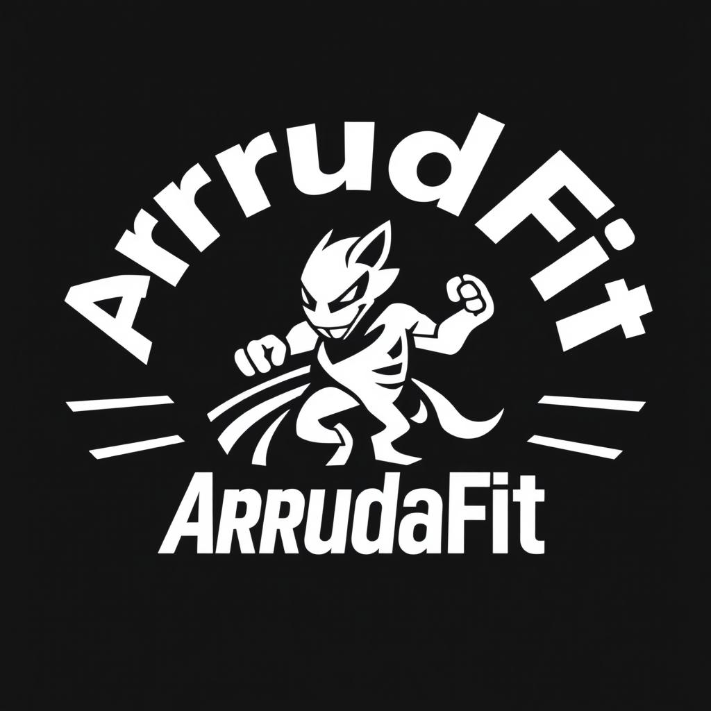 A flawless, minimalist black and white 3D logo for 'ArrudaFit', featuring modern, bold typography and a sleek, abstract emblem that represents strength, movement, and energy