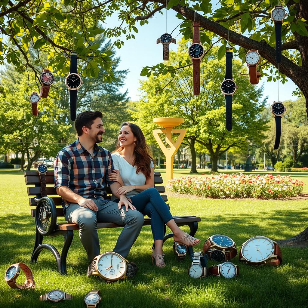 A couple sitting together on a park bench, looking relaxed and engaged in conversation