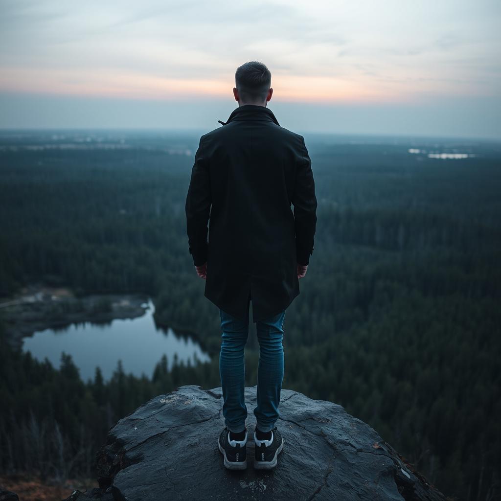 A tall man, viewed from the back, approximately 185 cm tall and weighing 90 kg, is standing on a high rock overlooking a swamp and forest