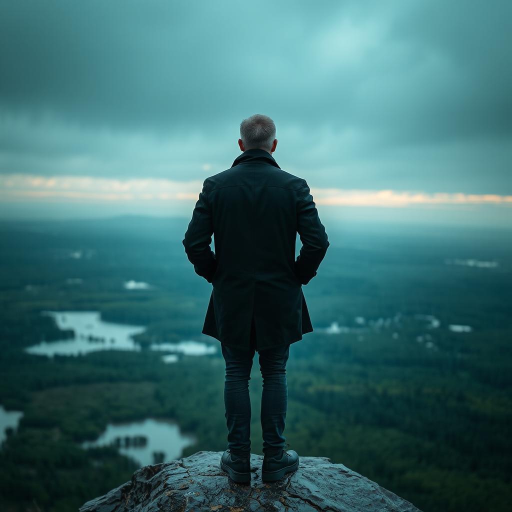 A back view of a man standing on a high rock, with a marsh and forest below him