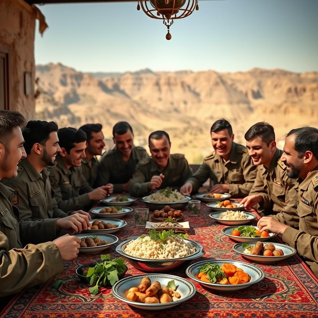 A group of brave soldiers from the Iran-Iraq War gathered around a traditional Persian dining table, sharing a meal