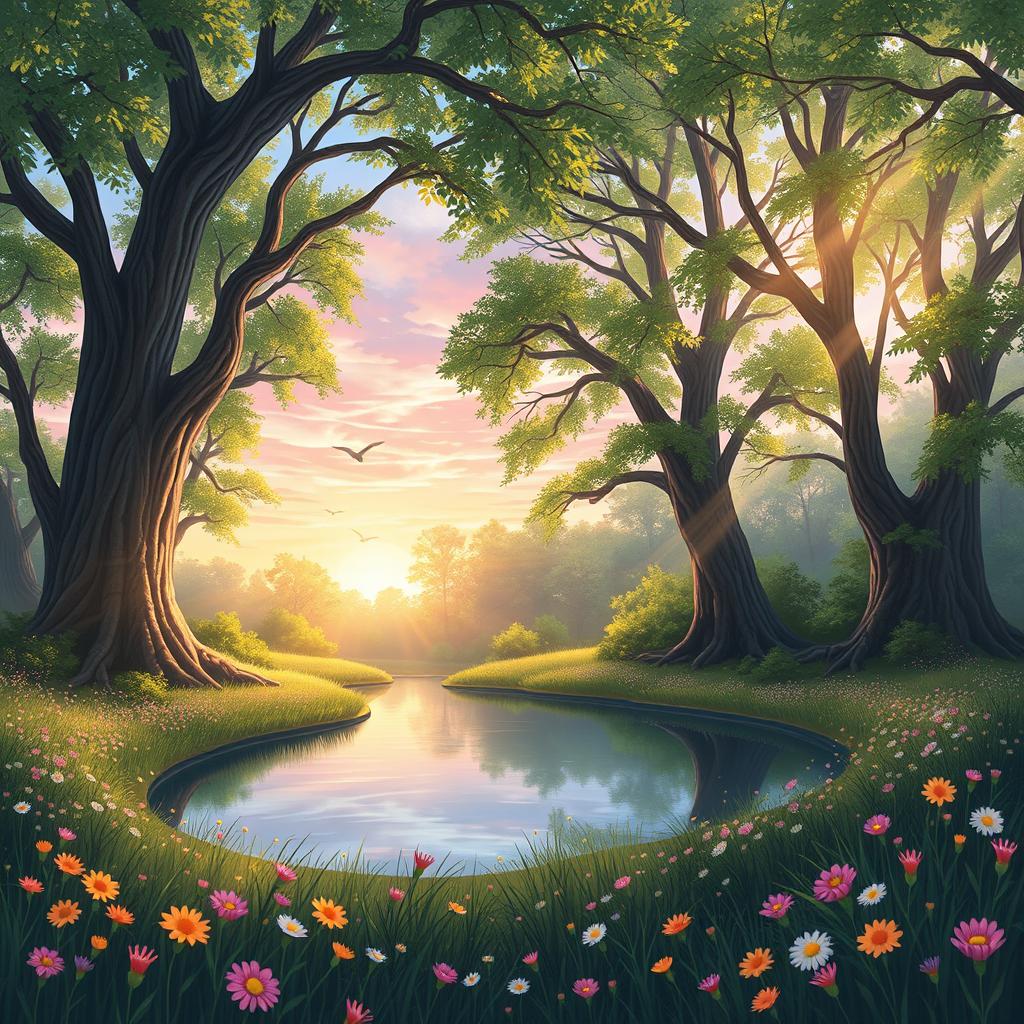 A detailed illustration showing a tranquil forest scene during sunrise