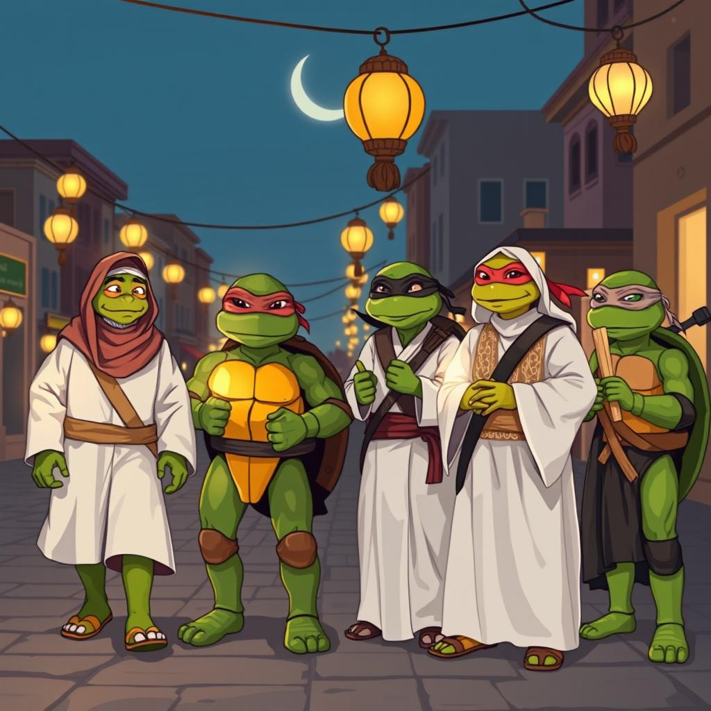 Teenage Mutant Ninja Turtles celebrating Ramadan in Hasakah, Syria, dressed in traditional Arabic attire