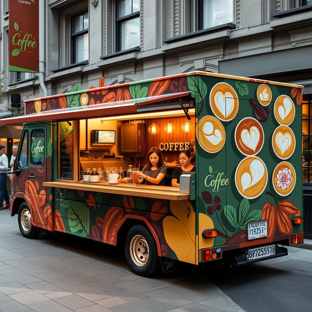 A vibrant and artistic coffee display truck showcasing a variety of unique latte art designs masterfully created by skilled baristas