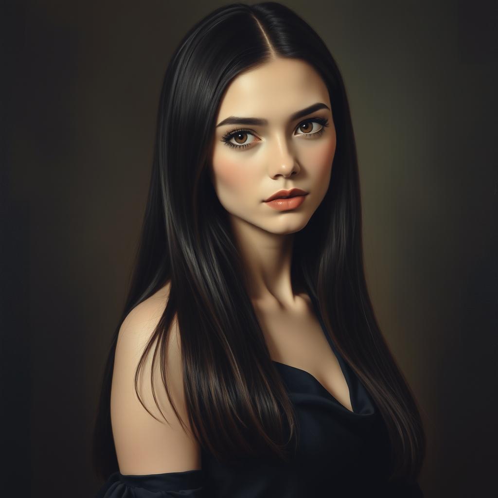 A beautiful young woman in her late 20s with long straight dark brown, almost black hair