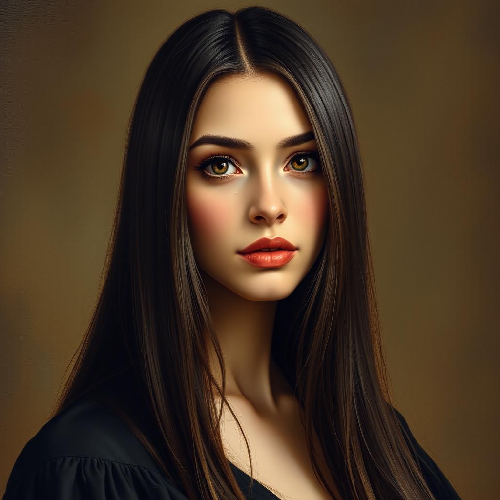 A portrait painting of a young woman in her late 20s, featuring long, straight dark brown hair that appears almost black