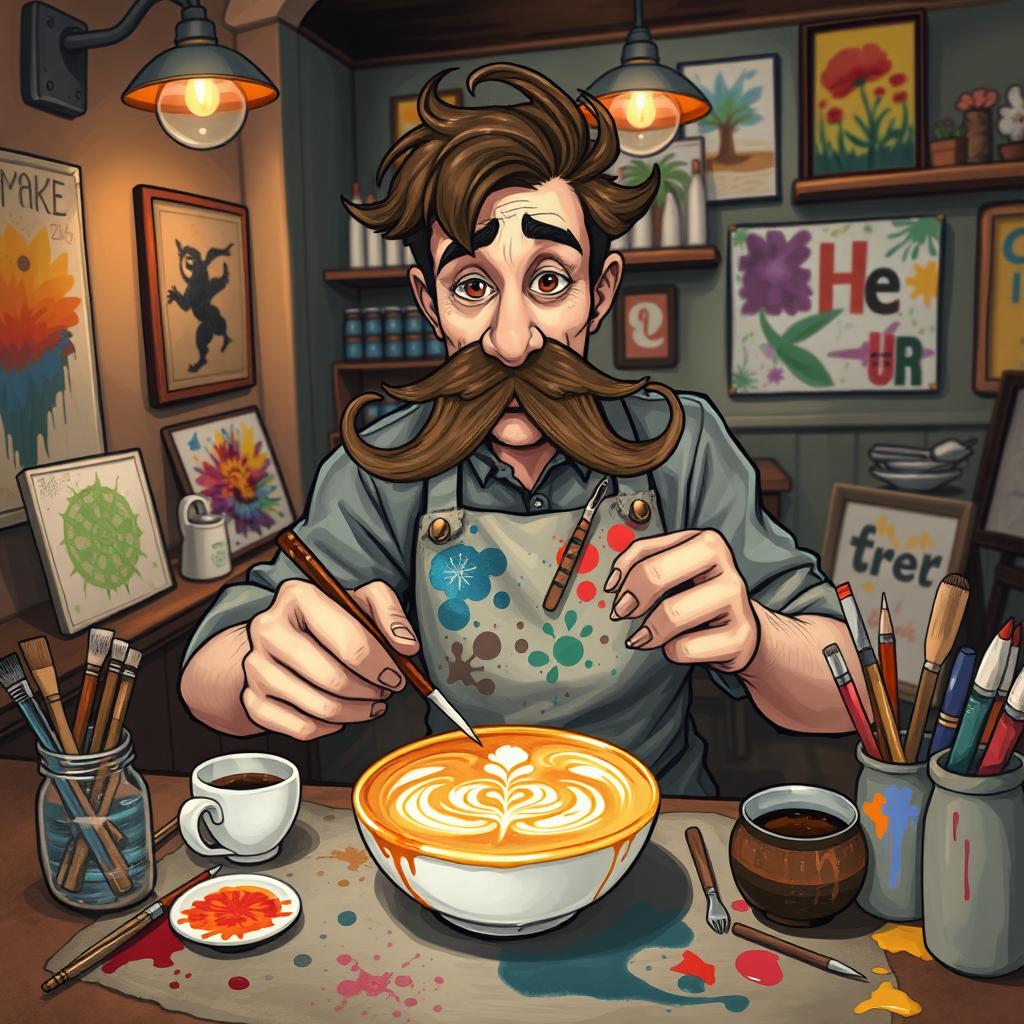 A whimsical and artistic scene depicting a person skillfully creating latte art with coffee, characterized by a long, dramatic mustache that reflects their artistic persona